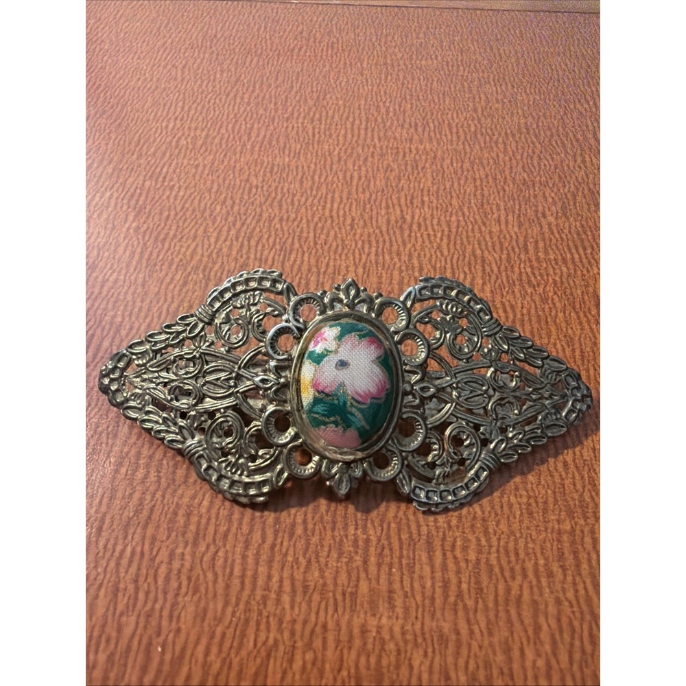 Vtg Gold Tone Floral Inset Filigree Hair Barrette Victorian Style‎ Light Weight